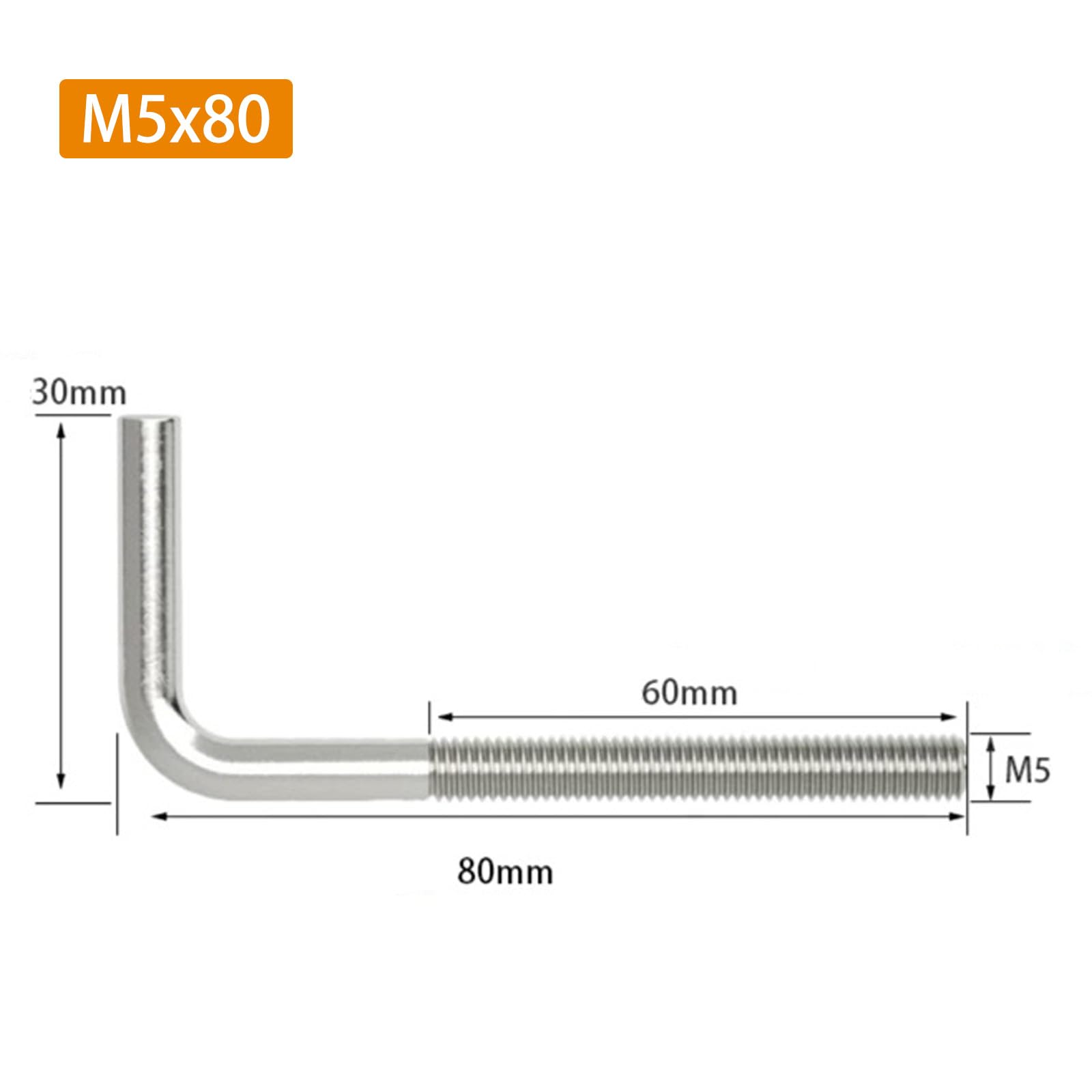 (Lot de 30) M5x80mm boulons d'ancrage en forme de L en acier inoxydable 304 à angle droit longs et carrés