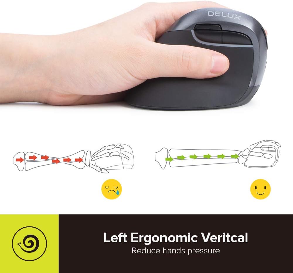 DeLUX Left Handed Vertical Mouse, Reduce Hands Strain Rechargeable Silent BT Wireless Ergonomic Mouse with USB Receiver and BT 4.0, 6 Buttons and 4 Gear DPI for Carpal Tunnel(M618ZD-Iron Grey)