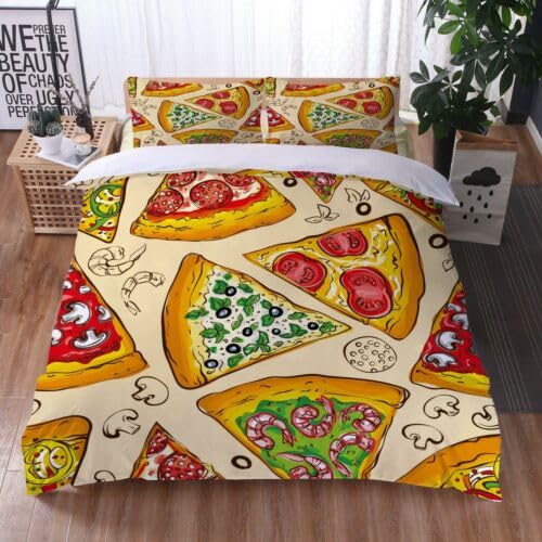 Housse de Couette 220x240 Parure de Lit Adulte Pizza Beige Microfibre Doux 2 Taies 65x65cm