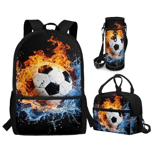 CLOHOMIN Mochila infantil com lancheira para meninos e meninas com lancheira e suporte para garrafa de água, 3 em 1, Fire Water Futebol Americano