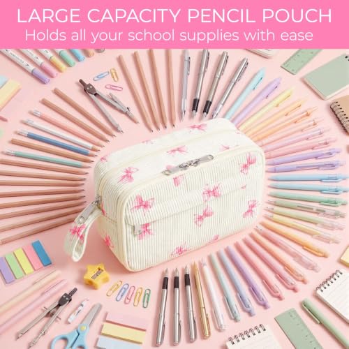Image of WOBAGMEN Cute Pencil Case,Large Corduroy Zippered Pencil Case Pouch, aesthetic Pencil Bag with Compartments(Pink Bow Cute)
