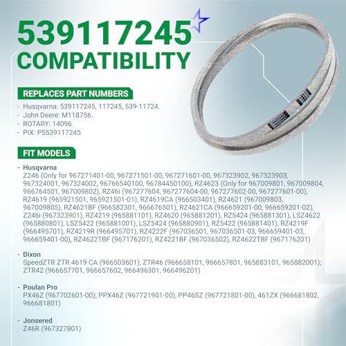 Image of BlueStars 539117245 Deck Belt | Aramid Cord | 5 /8 inch x 123 inch | Deck Belt for 46 inch Deck Husqvarna Z246 RZ4623 RZ46i RZ4619 RZ4621 Zero-Turn Mowers Replaces John Deere M118756