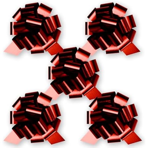 InstaBows Red 5-Inch Pull String Gift Bows, Metallic Finish, Set of 5 Large Bows for Christmas, Birthday Presents, Perfect for Decorative Wrapping Cover