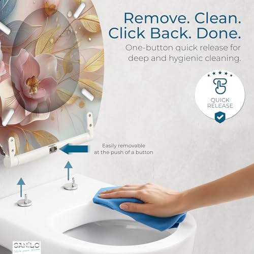 Image of Sanilo Wooden Toilet Seat with Quick Release & Soft Close [ROUND] - Decorative & Slow Close Molded Wood Seat - With One Click for Easy Installation & Cleaning - With Adjustable Fit (Florentia)