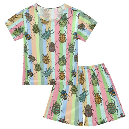 Pajama Short Sets Beetle Pattern Colorful Stripes Soft Cotton Summer Sleepwear 2 Piece PJS Size 5-14T
