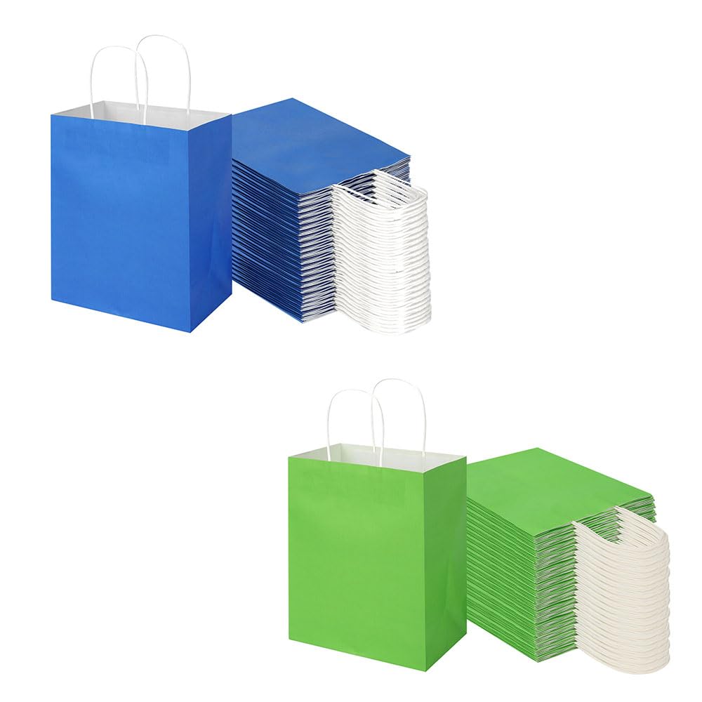 Toovip Each 100 Pack Medium Blue & Green Kraft Paper Gift Wrap Bags with Handles Bulk