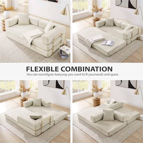 Image of HANXIN 78 Inch Convertible Sleeper Sofa Bed, Folding Floor Mattress Couch with Fixed-Shape Frame, Futon Boneless Couch Lounge Loveseat with Pull Out Bed, No Assembly Required (Beige)