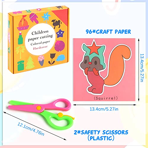 Papierschnitt Set Kinder, 2 Stück Kinder Sicherheit Kunststoff Schere mit 96 Blatt Papier mit Tier Früchte, Bastelschere Papierschere Scherenfähigkeiten Spaß Papierschnittkunst Lernspielzeug