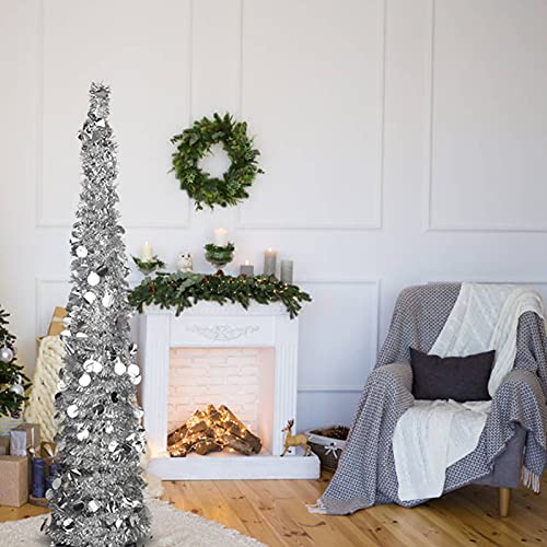 5Ft Collapsible Artificial Christmas Tree, Pop Up Silver Tinsel Coastal Christmas Tree For Holiday Carnival Party Home Office Fireplace Decorations #TOP3