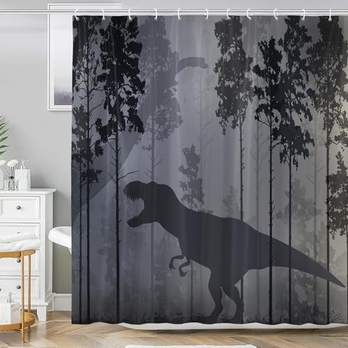 Funny Dinosaurs Shower Curtain for Bathroom Black Misty Woodland Foggy Dino Silhouette Wildlife Bathroom Curtain for Kids Boys Men Polyester Fabric Bathroom Accessories Set with Hooks 72X72IN