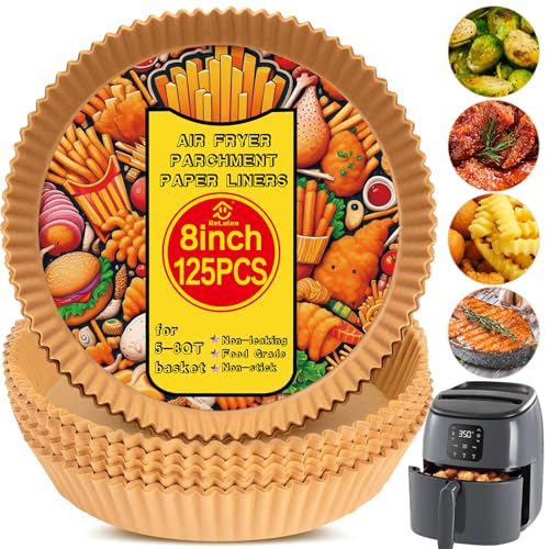 Image of Marve Air Fryer Liners Disposable, 125PCS Non-Stick Oil Resistant, 8 Inch Round for 5-8QT Air Fryer, Unbleached Parchment Paper for Baking, Roasting, Microwave