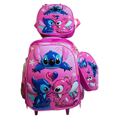 Kit Mochila Escolar Infantil Stitch com rodinhas com mochila lancheira e estojo