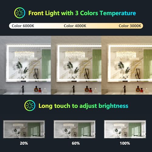 Image of 68x38 Inch RGB LED Bathroom Mirror Front Light and RGB Backlit Lighted Vanity Mirror for Bathroom Wall Mounted Dimmable Anti Fog Memory Shatter-Proof IP54 Waterproof Horizontal /Vertical