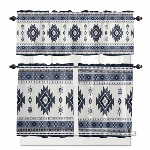 Dark Blue Boho Kitchen Curtains 24 Inch Length, 3 Piece Rod Pocket Small Half Tiers and Valance Set, Farmhouse Neutral Abstract Geometric Small Large Window Treatment Decor for Bedroom/Bathroom Sink