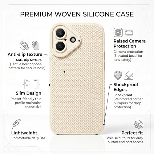 Image of amazon basics Luxury 3D Knitted Texture Soft Silicone Back Cover for iPhone 17 | Slim Fit Shockproof Case with Camera Protection & Non-Slip Grip - Cream