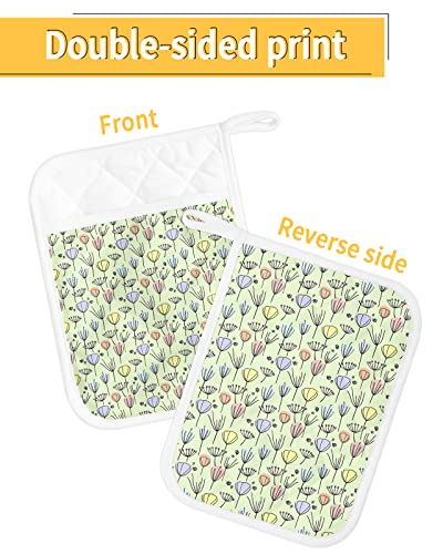 2 Pack Pocket Pot Holders, Spring Tulip Floral Hot Pads For Kitchen Heat Insulation Potholders, Colorful Flowers Botanical Green Pot Holder Oven Mitts Hot Pad Trivet For Baking Cooking 9"X7" #TOP1