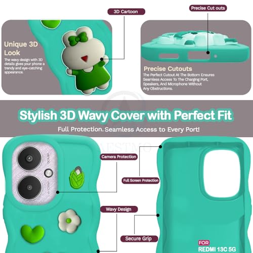 Image of AESTMO Back Case Cover for Redmi 13C 5G / Poco M6 5G | 3D Cute Fun Cartoon Characters | Anti Slip Grip Cute Wave Curly Frame Shape | Back Cover for Redmi 13C 5G / Poco M6 5G | (Mint Green)