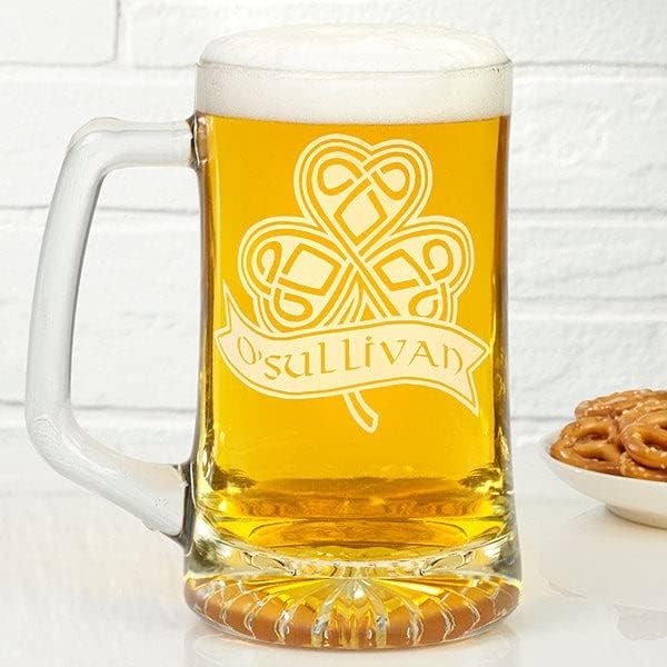 Personalization Universe Personalized Celtic Shamrock 25 oz. Etched Glass Beer Mug – Customizable Name, Sturdy Handle, Starburst Bottom, Dishwasher Safe – Ideal for Man Cave Decor & Gifts