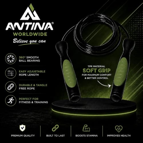 Image of Worldwide Adjustable Skipping Rope | 275 cm PVC Rope | Double Colour | Ball Bearing | Soft TPR Grip | Premium Plastic Handles | Fitness Jump Rope for Men, Women & Kids (Army Black)