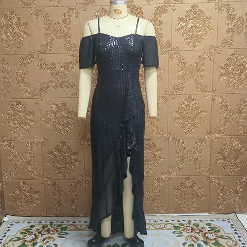 Image of dasmzper Women Sexy Off Shoulder Bodycon Ruffle Split Hem Maxi Cocktail Party Evvening Night Out Dress Black
