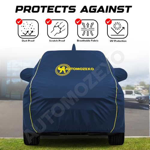 Image of Maruti Baleno Waterproof Car Cover with Antena & Mirror Pockets Triple Stitched Bottom Elastic Adjustable Belt Inner Cotton All Weather Protection Against Scratches Rain Dust UV Rays -Blue