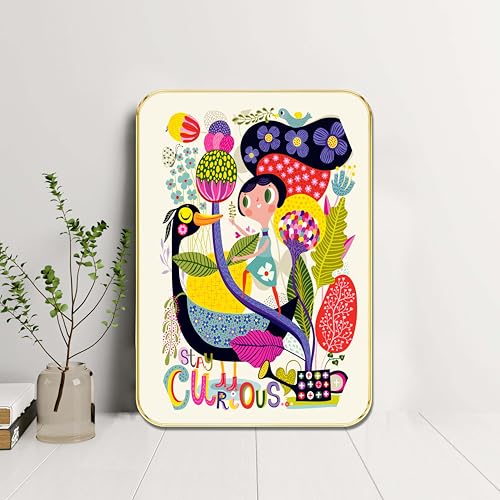 Image of SAF Stay Curious Kids Wall Art | Colorful Cartoon Illustration with Girl & Bird | Motivational MDF Frame Painting for Nursery, Playroom, Study Room & Gifting (19 x 13 Inch) MG01-1042