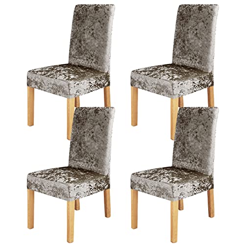 Dining Chair Cover Stretch Kitchen Chair Slipcover Elastic Spandex Removable Washable Chair Furniture Protector Seat Cover for Dining Room Banquet Ceremony Hotel Party (4 Pcs, Crushed Velvet Khaki)