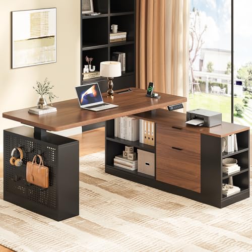 UPOSOJA L Shaped Standing Desk Adjustable Height 53 Electric Office Desk with File Drawers & Storage Shelves Sit Stand Corner Computer Desk with Power Outlets Pegboard 6 Hooks Black & Walnut