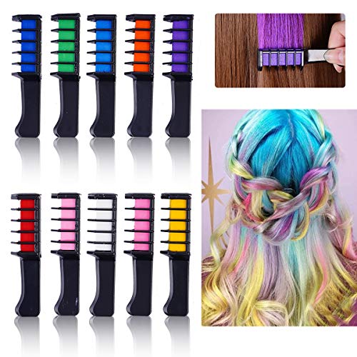 Hair Chalk Comb Set – Nontoxic Temporary DIY Rainbow Highlighting Dye for Kids, 10 Bright Vibrant Colorful Eco Safe No Mess Washable Wash Off Hair Chalking Colors