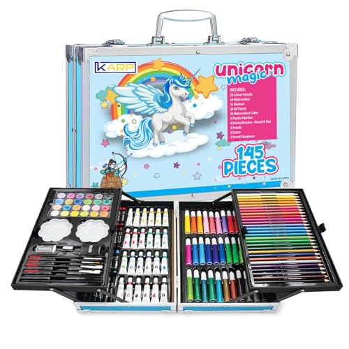 Image of KARP 145 Pcs Children Deluxe Art Drawing Set for Kids Case Studio Art and Craft Supplies Drawing and Painting Set Great Gift (Unicorn Design-Blue)