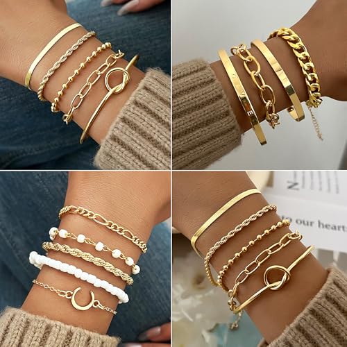Image of FAXHION 68 Pcs Gold Jewelry Set for Women with 7 Necklace, 17 Bracelet, 5 Hoop Earrings, 15 Stud Earrings, 24 Knuckle Rings for Women Jewelry Set for Women Gift