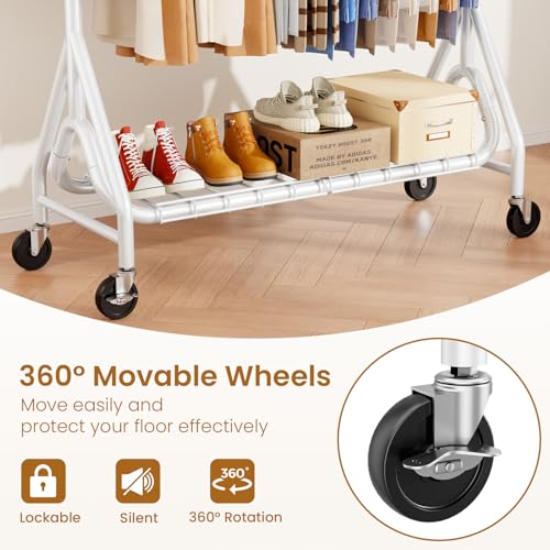 Image of Double Rods Clothing Rack, Heavy Duty Clothes Rack for Hanging Clothes Load 560LBS, Metal Rolling Garment Racks with Wheels, Freestanding Clothes Hanging Racks, White