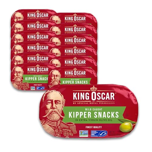 King Oscar Kipper Snacks in Extra Virgin Olive Oil, 3.54 Ounce Cans (Pack of 12), Lightly Smoked Herring Fillets, Wild Caught Canned Herring