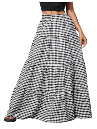 MakeMeChic Women's Plaid Maxi Skirts A Line Ruffle Tiered Layer Y2K Flowy Casual Long Skirts Black and White Medium