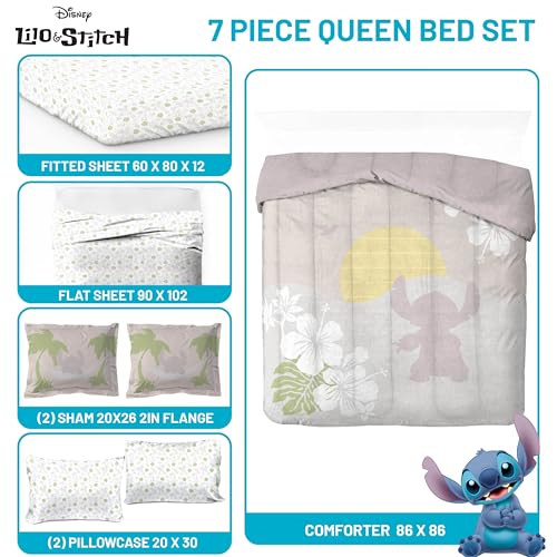 Image of Disney Lilo and Stitch Queen Comforter Set 7 Piece Cartoon Bedding, Beige | Bed in a Bag, Comforter Sheets Shams Pillowcases, Official Product, Soft Microfiber, Machine Washable, Girls Gift