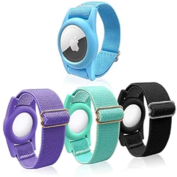 Pacote com 4 pulseiras Airtag para crianças, suporte AirTag com pulseira de relógio de nylon elástica ajustável, alça anti-perda da Apple Air para crianças, crianças, carteira, pulseira AirTag infantil (cor colorida)