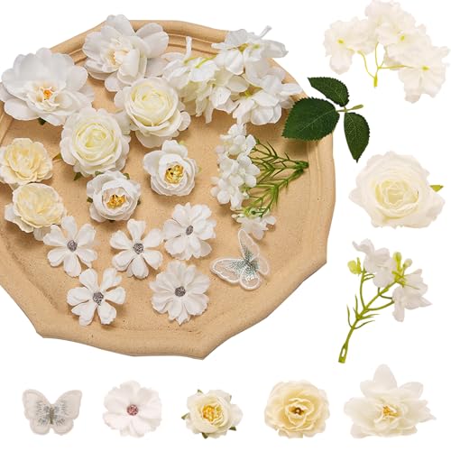Nurila Kunstblumen zum Basteln, Weiß Künstliche Blumen, 7 Stile Arten von Blumen Fake Flowers, Deko Blumen kunstblumen für DIY Basteln Scrapbooking Hochzeit Home Handwerk Haarschmuck