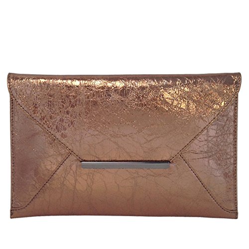 JNB Crushed Metallic Envelope Clutch Slide & Tuck Closure Evening Party Bag for Women Bronze
