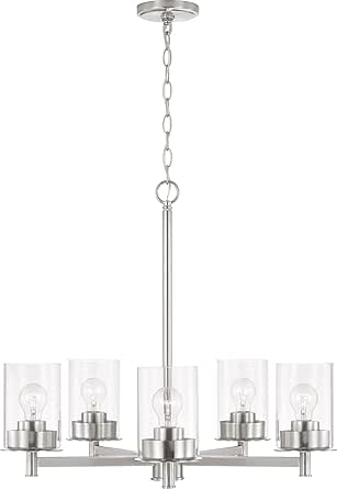 HomePlace Lighting 446851BN-532 Mason Transitional Clear Glass Round Chandelier, 5-Light 500 Total Watts, 24" H x 26" W, Brushed/Satin Nickel