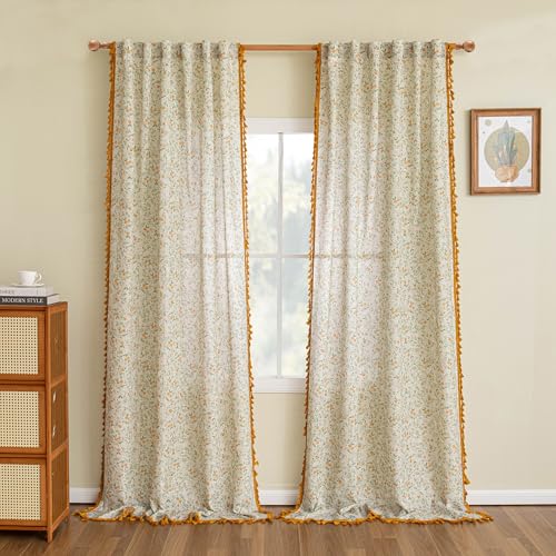 Image of MYSKY HOME Floral Boho Linen Curtains 84 Inch Long 2 Panels Set with Yellow Tassels Farmhouse Semi Sheer Bohemian Spring Living /Dining Room Window Curtains Rustic Country Back Tab, 50 inch W, Green Leaf