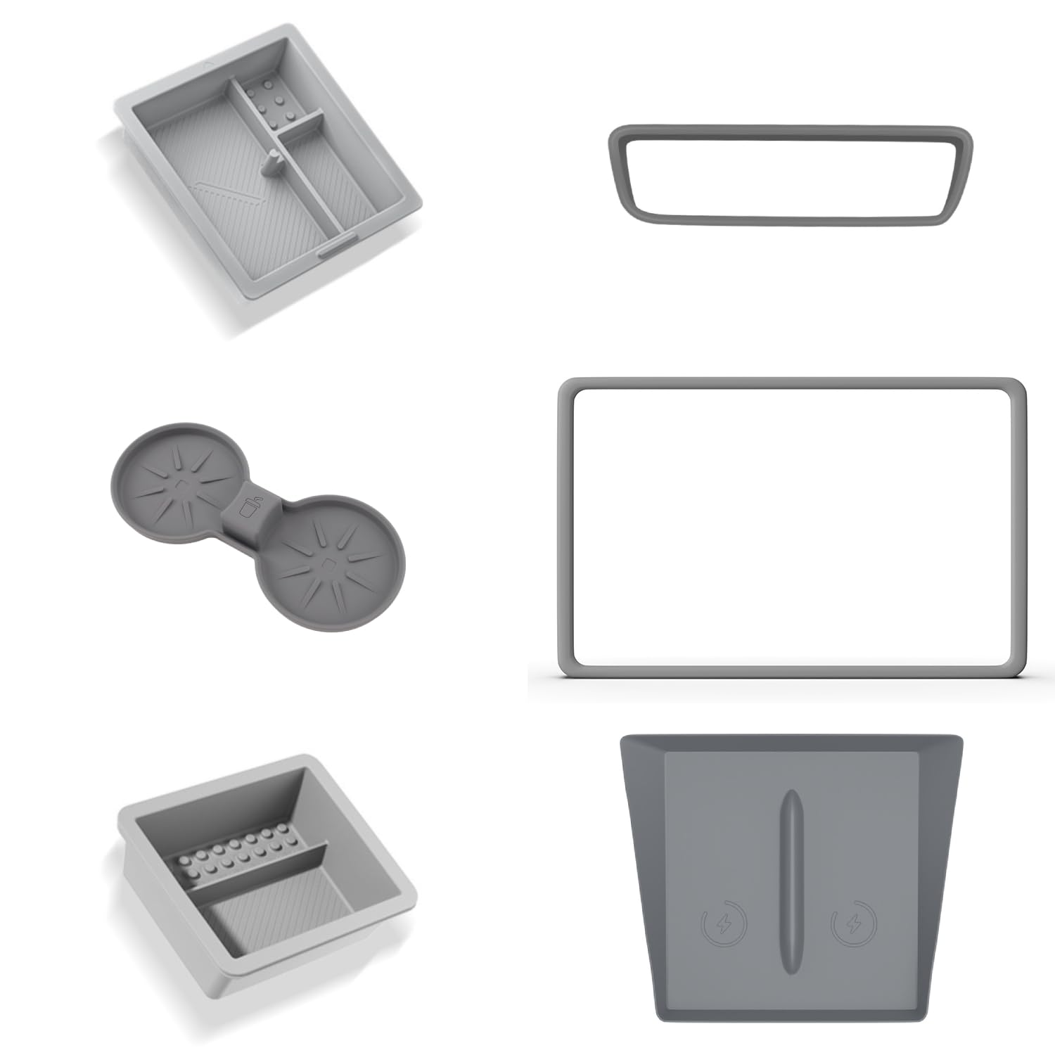 6 PCS Interior Accessories Compatible with Tesla Model 3 2024 Highland Screen & Rear View Protect Mirror Frame Cup Holder Wireless Charging Mat Center Console Organizer Armrest Storage Box,Grey