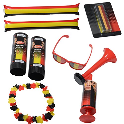 Boti- Juego de artículos Bélgica con Gafas de Sol, lápiz de Maquillaje, matamoscas, Cadena de Hula y 2 Adornos para Fiestas, Color Negro/Amarillo/Rojo, 7 Piezas (Goodmark 34910)