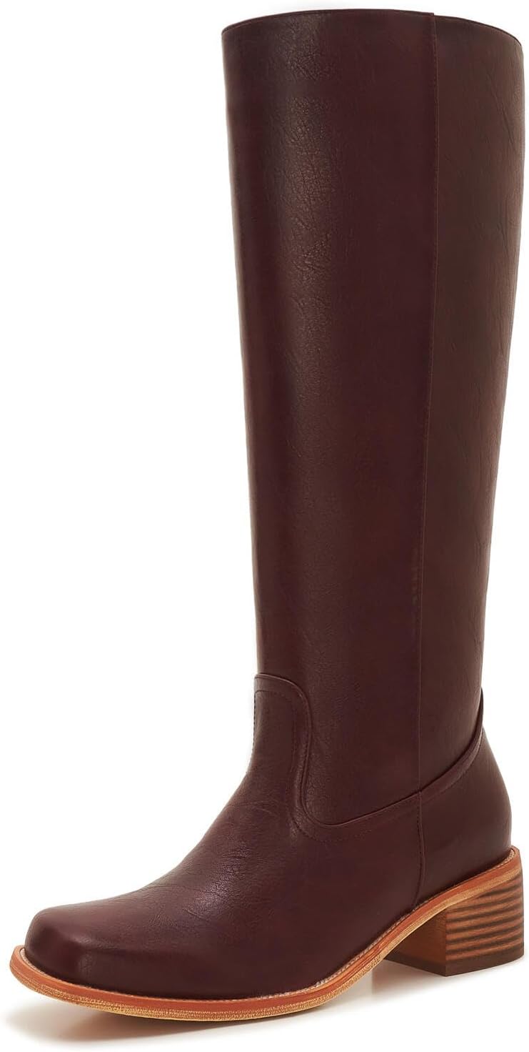 ZXHYZLZ Women's Wide Calf Knee High Boots with Side Zipper – Burgundy Faux Leather Low Heel Riding Style Fall Winter Fashion Boots