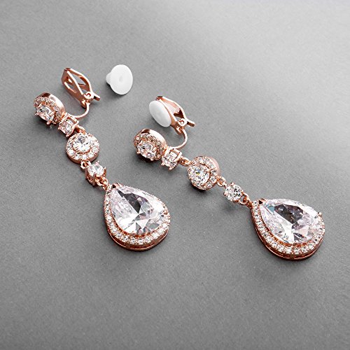 Mariell's Gorgeous Rose Gold Plated Clip-On CZ Bridal Earrings - Round-Cut Halos and Gleaming Teardrops