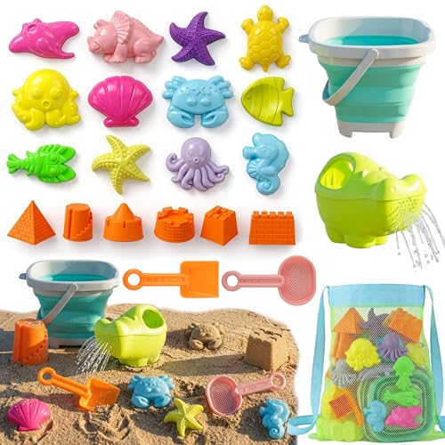 TOY Life 23 Pcs Ocean Beach Toys for Kids Ages 4-8 Collapsible Sand Toys with Watering Can, Silicone Bucket, Sand Castle Building Kit, Mesh Bag Ocean Animal Molds Travel Sandbox Toy for Summer Play
