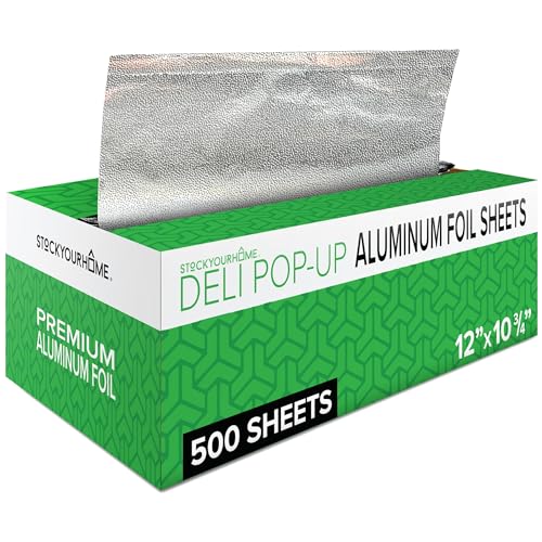 500 Count Pre-Cut Deli Aluminum Foil Sheets, 12” Heavy Duty Pop Up Sheets for Restaurant, Disposable Foil Sheets for Food, Tin Sheets for Burrito, Hot Dog or Sandwich, Stock Your Home