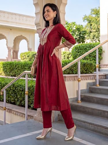 Image of INDO ERA Women's Liva Solid A-Line Kurta & Pant Set