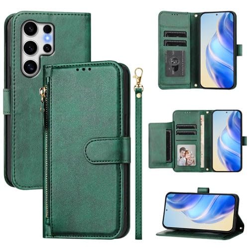 Étui Samsung Galaxy S26 Edge vert avec portefeuille zippé et rabat cuir