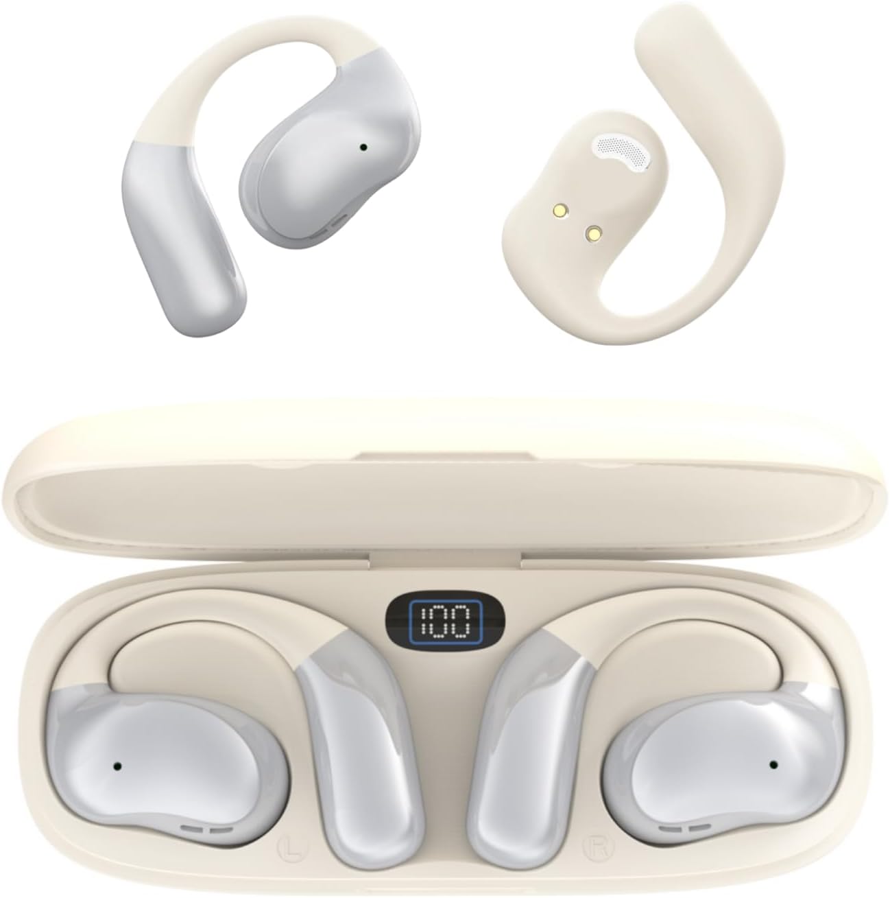 Bluetooth Open Ear Wireless Earbuds: On Ear Headphones with Hi-Fi Stereo Audio, Touch Control Bluetooth Headphones, Waterproof Sport Earphones with Mic for Android/iOS (White)