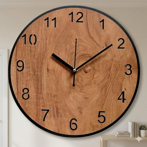 Image of Wooden Wall Clock for Living Room & Office - Classic Round Analog Ticking Decorative Clock 30.5CM